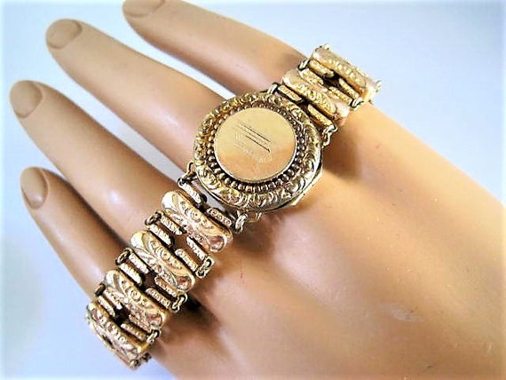Gold Expandable Bracelet, Photo Locket, Art Deco, Gold Filled, 1905 Des Patent, Monogrammed Bracelet