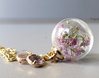 Necklace - Pink Blossoms and Glitter