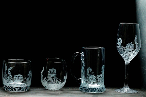 Kraken and ship Whiskey/ Wine/ tankard glass, MADE TO ORDER