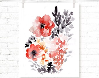 Red - Black - Floral - Poppy - Poppies - Watercolor - Art Print