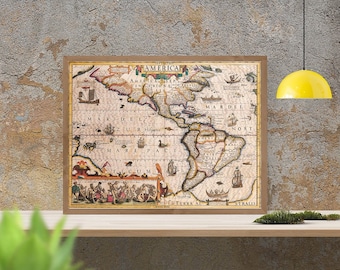 Antique map of North and South America, 1619, huge map, fine reproduction, antique decor, fine art print