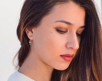 Cross earrings, Cross huggie hoops, Cross hoop earrings, Hoop with cross, Charm hoop earrings, Silver hoop earrings, Tiny hoop earrings