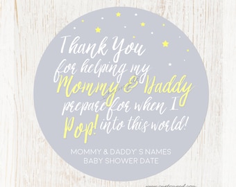 Baby Shower Ready To Pop Stickers, Popcorn Favor Sticker, Personalized Shower Stickers for Mother To Me, Mom, Gender Neutral Gray Yellow