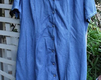 Vintage Denim Dress/ Denim House Dress/ Size 18 Retro Denim/ Thrifted Funwear/ Farmhouse Chic/ Vintage Couture/ Shabbyfab Denim Thrift