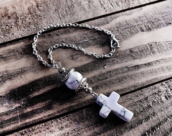White Howlite Car Rearview Mirror Charm, Car Accessories, Ornament, Hanger, Religious Christian Cross Car Dangler, rear view cross