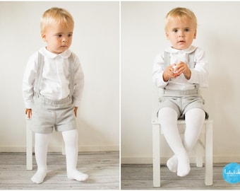 Grey Ring Bearer Outfit Baby Boy Christening Suit toddler boy baptism outfit suspender shorts long sleeved shirt with peter pan collar