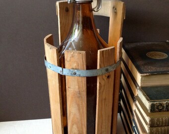 Swedish Amber Glass Beer Jug Bottle Wood Crate Large Beer Making Supplies