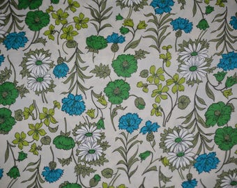 Vintage 50s / 60s retro fabric blue green and white floral cotton fabric by the yard