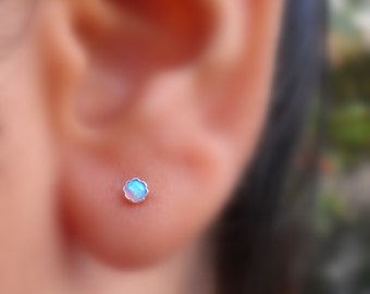 Stud Earrings - Sterling Silver 3mm Blue Opal Earrings 20 Gauge - ONE PAIR - Cartilage Earrings - Cartilage Piercing - Opal Studs - Studs