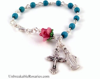 Virgin Mary Rosary Bracelet in Turquoise Magnesite w Pink Lampwork Rose by Unbreakable Rosaries