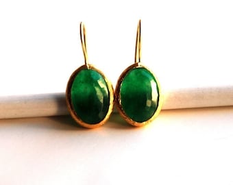Green Oval Faceted Jade Earrings