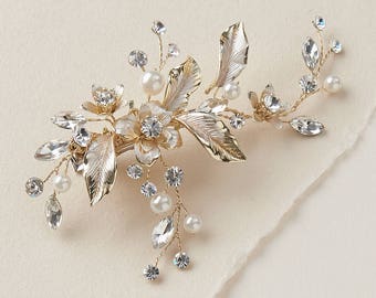 Gold Wedding Hair Clip, Floral Bridal Hair Clip, Pearl Hair Clip, Rhinestone Hair Clip, Gold Headpiece, Hair Comb, Bridal Clip ~TC-2276