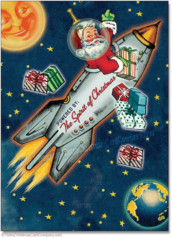 Space Age Santa Christmas Cards set of 8 cards env