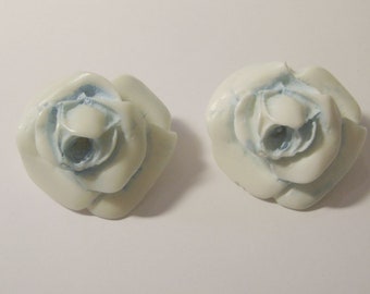 Vintage Larger Celluloid carved White flower/Rose with blue accented clip earrings