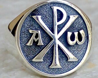 Alpha and Omega Chi-rho Christian 3D Ring Solid Sterling Silver 925