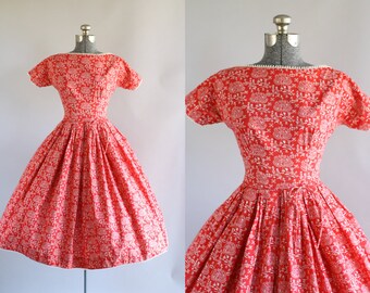 Vintage 1950s Dress / 50s Cotton Dress / Lanz Originals Red and White Novelty Print Dress w/ Waist Tie S