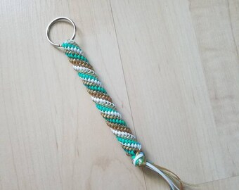 Boondoggle keychain, turquoise and gold Gimp key chain, spiral stitch lanyard, rexlace plastic lacing lanyard, sparkly key chain