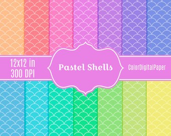 Pastel Shells Paper Scallop Paper Ombre Paper Digital Paper Baby Shower Background Commercial Use Printable Scrapbook Paper Pack