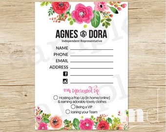 Agnes and Dora Contact Form, Agnes & Dora Consultant Contact Info Sheet, Fill In Postcard 5x7 / 4x6, Floral Marketing Post Card PRINTABLE
