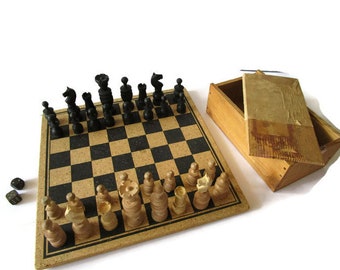 Vintage Wooden Chess Set Board Box Complete 1960s Old Handmade Retro Sweden Chess Game 27 x 27 cm / 10.7 x 107 inch Craft Art Supplies