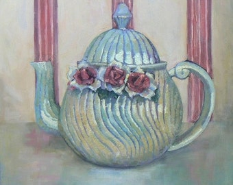 Impressionist Teapot Painting, Still Life Painting 16x16"Original Art, "Antique French Teapot" by Carol Schiff, Free Shipping in US