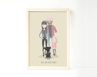 Custom family portrait illustration, personalized drawing, family illustration with pets, wedding gift, wedding portrait