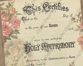 Printable Wedding Certificate Marriage Certificate Digital Download No 15 Vintage Wedding Instant Download DIY Wedding Gift Shower Gift