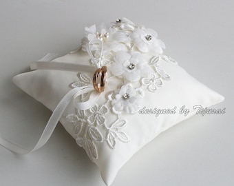 Wedding ring bearer pillow with embroidered lace and flowers-ivory ring bearer, ring cushion, ready to ship