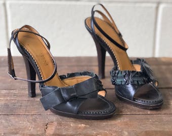 37 | 6.5 | 1980's Vintage Yves Saint Laurent Ankle Strap Heels Black Leather with Bow