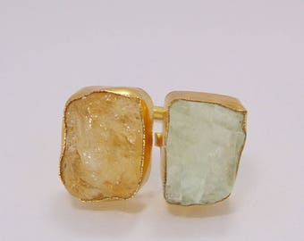 Natural Stone Ring - Yellow Citrine Ring - Gold Plated Ring - Birthstone Ring - Raw Fluorite Ring - Gemstone Ring - Adjustable Ring