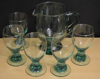 Hand Blown Green Glass 48 oz Pitcher with 5 12 oz Glasses, Margarita Lemonade Iced Tea Sangria