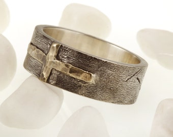 Unique Men's Wedding Band, Men ring, Men wedding ring, Rustic Silver & 14K Gold or copper Men's Ring, Casual ring, Gift for him, RS-1205
