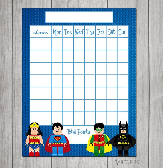 chart superhero printable sticker Chart themed Superhero Chore Chart Lego Reward Digital