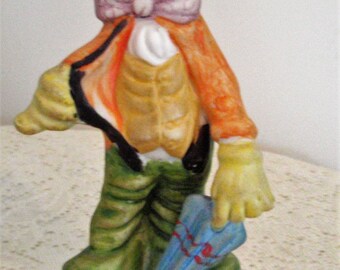 Clown Music Box, Clown with baggy clothes, big red nose,umbrella, Vintage Music box plays Send in the Clowns, 8 1/2" tall Clown music box