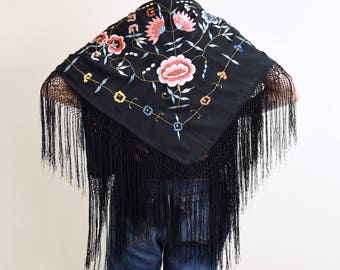 1970s vintage black embroidered piano shawl