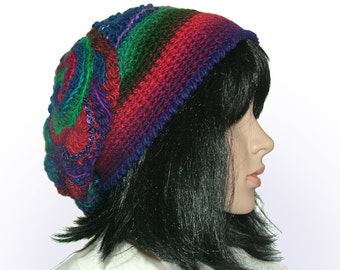 Freeform Crochet Beanie Hat Beret, OOAK Freeform Crochet in Purple Red Royal Blue, Wearable Art