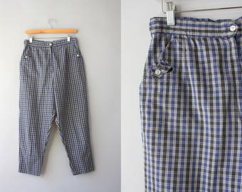 1950s Pants / Vintage 50s Plaid Cotton Cropped Pants / 1960s High Waist Clam Diggers M medium
