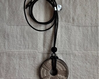 Handmade ceramic pendant/choker/jewellery/unique/jewelry/boho/pottery/leather and wood