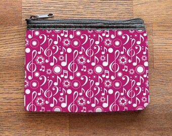 Pink Music Notes and Clefs Neoprene Coin Purse or Zipper Pouch