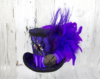 Black Lace over Purple Steampunk Large Mini Top Hat Fascinator, Alice in Wonderland, Mad Hatter Tea Party, Derby Hat