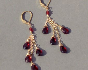 January Birthstone Earrings, Red Garnet Earrings, Long Dangle Earrings, January Birthstone Earrings