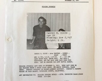 1967 Hippie Runaway Haight Ashbury Police Bulletin 137 San Francisco Police Department SFPD Mugshot