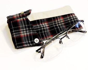 Eco Sunglasses Case, Upcycled Navy Plaid Shirt Collar Fabric Eyewear Pouch, Original OOAK Handmade Eyeglass Sleeve itsyourcountry
