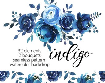 Indigo Watercolor Floral Design Collection Digital Clipart PNG Blue Flowers Leaves Wedding Invitation DIY Clip Art Set Baby Shower Invite