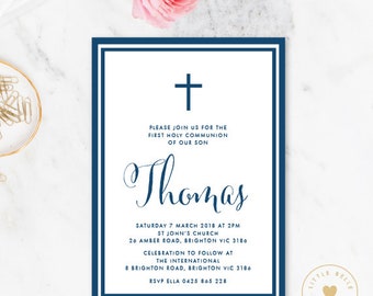 Boy First Communion Invitation Printable / Boy Holy Communion Invite / Boy First Holy Communion Invitation / Cross / Navy
