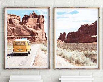 Set Of 2 Prints, Landscape Wall Art, Desert Print, Digital Download, Vintage Vehicle, Road Trip, Arizona Wall Art, Car Poster, #354