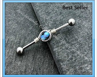 14 gauge Double Opal Industrial barbell, stainless steel .....Available Barbell sizes 32mm, 35mm, 38mm