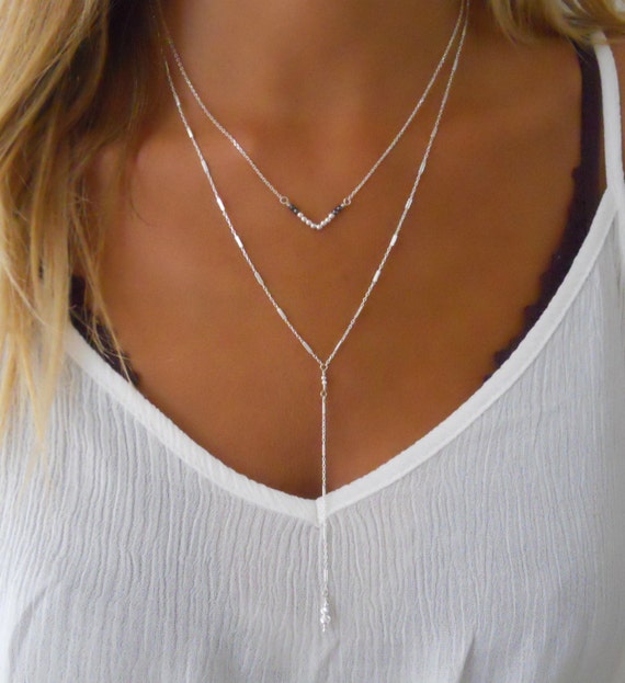 Silver Y Necklace Set Silver V Necklace Set Of 2 Sterling