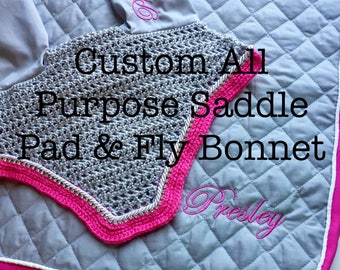 Custom Saddle Pad and Matching Fly Bonnet~ All Purpose Size/ Handmade Horse Fly Veil~ Perfect Equestrian Gift