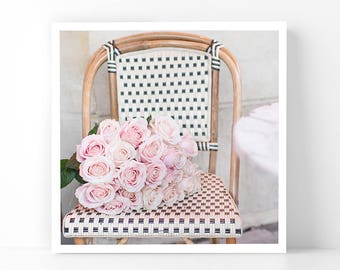 Paris Photography - Roses on a Cafe Chair, 5x5 Paris Fine Art Photograph, French Home Decor, Wall Art, Gallery Wall